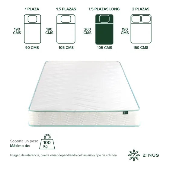 Colchón 1.5 Plazas Long Zinus Resortes Bonnell 105x200x15cm Color Blanco
