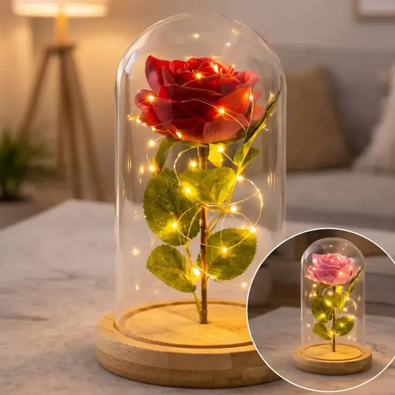 Mini Luminária Rosa Encantada Led Enfeite Modelo Mini Base Madeira Cúpula Redoma A Bela E A Fera 10.5 X 21.8 Cm Cor Vermelha - Planeta Andrômeda