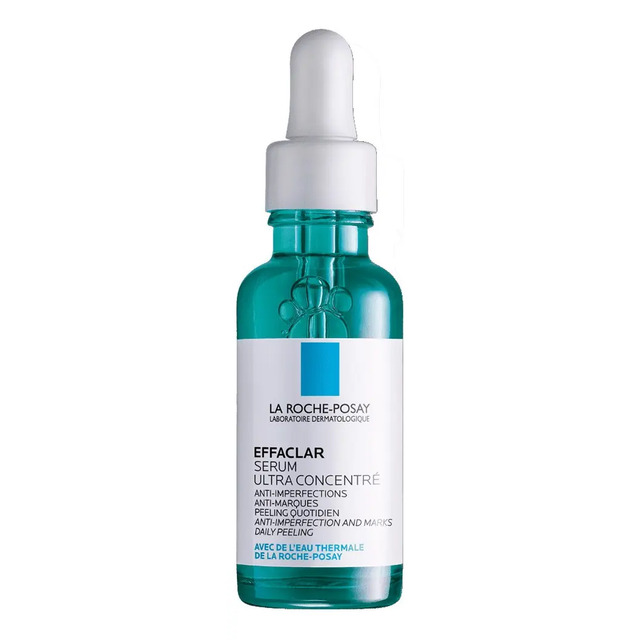 Frasco de vidro do sérum La Roche-Posay Effaclar Ultra Concentrado com conta-gotas branco, contendo 30ml de produto líquido azulado.
