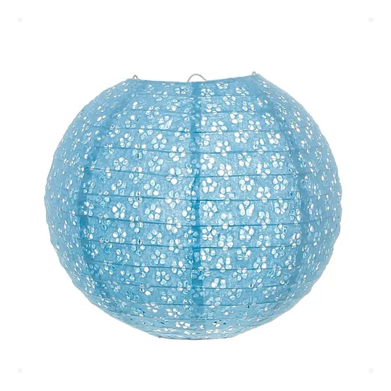 Luminária Oriental Japonesa Papel Vazada Azul Claro 30cm
