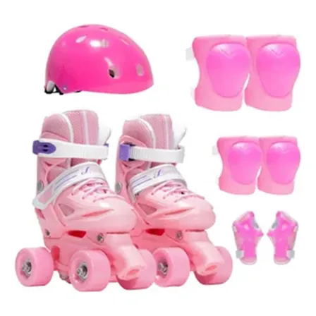 Patines 4 Ruedas Ajustables Rosado + Kit De Protección Casco S 31-34