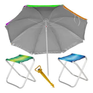 Kit Guarda Sol Praia + 2 Banquetas Dobraveis + Saca Areia Kit Guarda Sol Praia + 2 Banquetas Dobraveis + Saca Areia