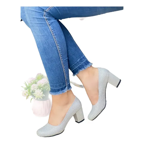 Zapatos Brillantes Plateados Fiesta Formal Tacon Bajo