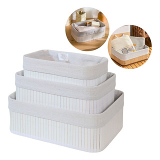 Kit 3 Cestos Organizadores De Bambu Multiuso Com Forro Cor Branco Kit 3 Cestos Organizadores De Bambu Multiuso Com Forro Cor Branco