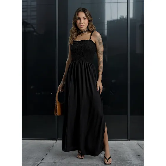 Vestido Longo Feminino Com Latex E Ajuste De Alça Evangelico