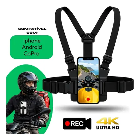 Suporte De Peito Para Celular Câmera Peitoral GoPro Gravar Pov Moto Bicicleta Esporte Compatível iPhone Android Ajustável Profissional Indue Variedades