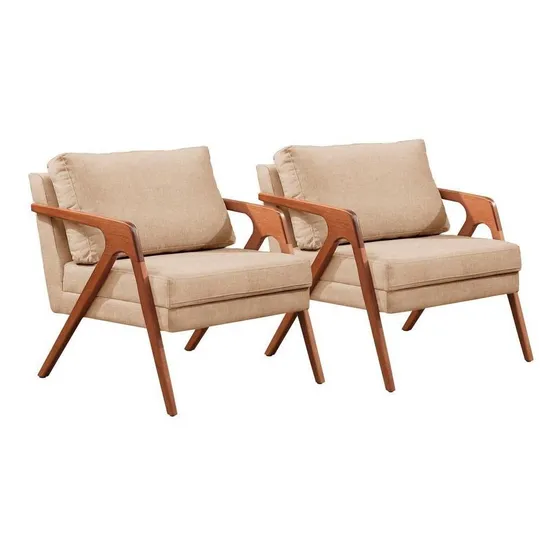 Conjunto - 2 Poltronas Mona Luxo Madeira Maciça Castellar Cor Linho Bege