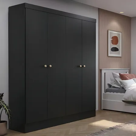 Guarda-roupa Solteiro 4 Portas Renzo 135cm 5 Nichos Quarto Cor Preto Fosco