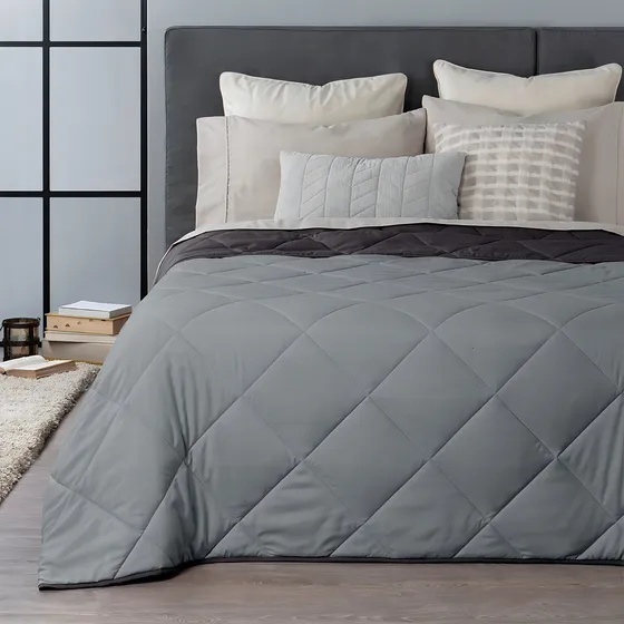 Colcha Doble Vista Queen Size Real Textil | Edredón Ligero Ideal Para Todo El Año (1 Pieza), Gris - Negro