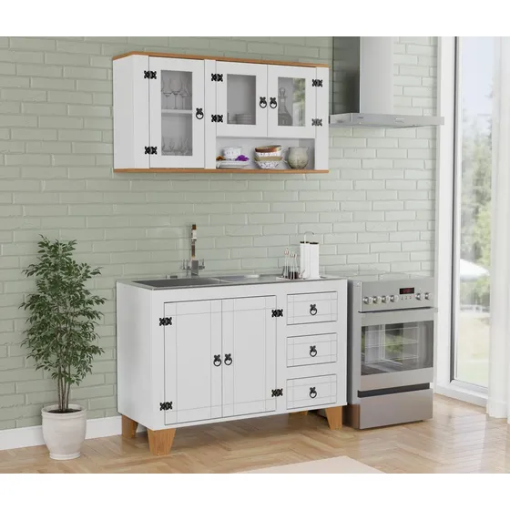 Mueble De Cocina Madera N- Aereo Alacena - Bajo Mesada - Lcm Color Blanco con vidrios