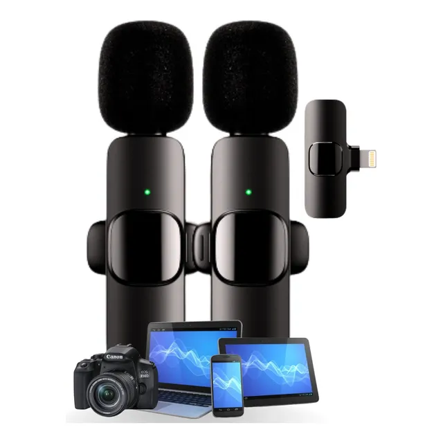 Micrófono inalámbrico profesional de doble solapa para iPhone, color negro