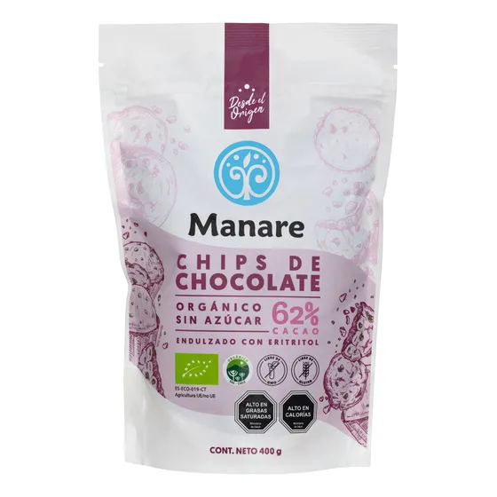 Chips De Chocolate Sin Azúcar 62% Cacao Orgánico - Manare