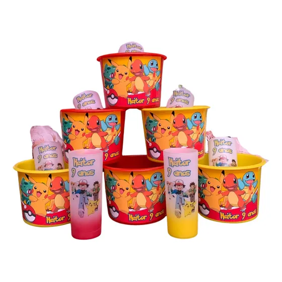 Kit Personalizado Pokemon Balde De Pipoca + Copo 20 Itens
