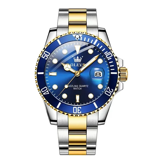 Reloj Para Hombre De Lujo Olev Acero Inoxidable Cuarzo Sumer Dorado Dorado Azul