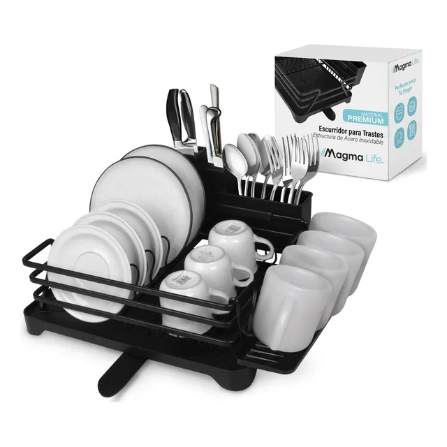 Magma Life Escurridor de Trastes de Aluminio con Soporte para Vasos, Cubiertos, Cuchillos y Otros Accesorios de Cocina, Drenaje Automático Giratorio