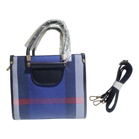 Bolso Cartera De Mano Con Correa De Hombro Diseño Elegante Azul Marino Franja Dorado Negro