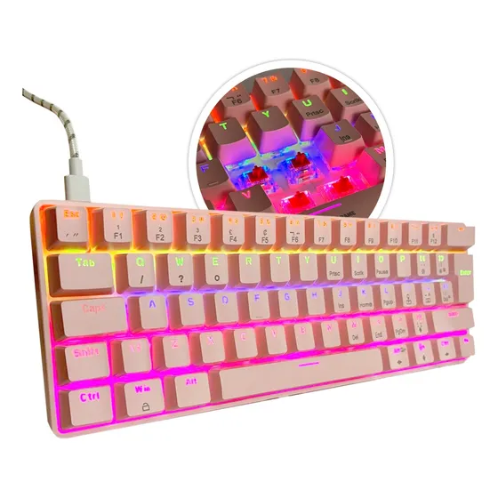 Teclado Gamer Rosa Mecânico 60% Switch Red Iluminação Led