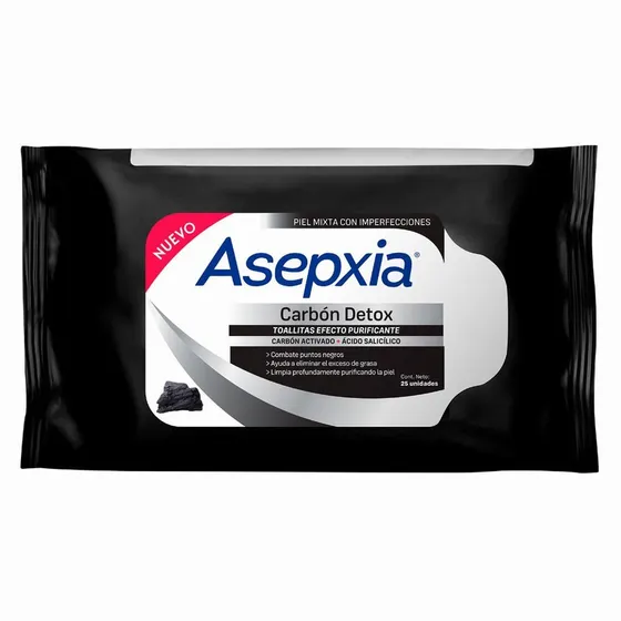 Asepxia Toallitas Carbón Détox. Empaque con 25 unidades.