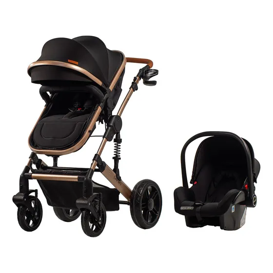 Cochecito de paseo travel system Mega Baby 3 en 1 Lanin Travel System negro con chasis color dorado