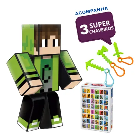 Boneco Articulado Minecraft Cadres Youtuber 25cm + 3 Chaveiros + Jogo Memoria
