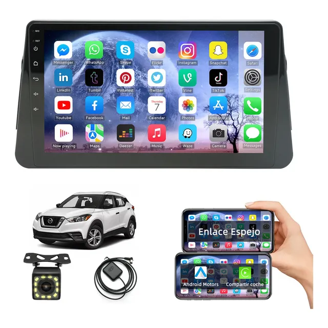 Autoestéreo Carsapro Carplay 2 32gb para Nissan Kicks 2017 2020 Auto Estéreo Pantalla Táctil Ips Android Cámara Mirror Link Wifi Bluetooth Fm Bt Hd Aux Tf Usb Negro