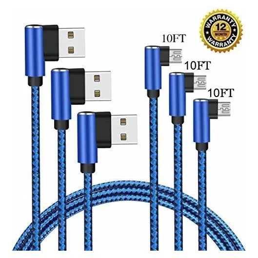Micro Usb 90 Grado 3 Unidad 9.8 ft Largo Trenzado Nailon 7z