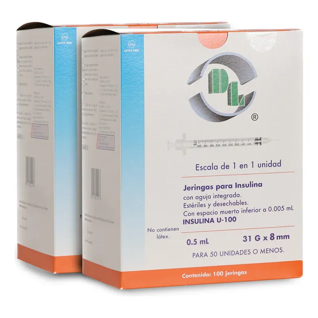 200 Jeringas Para Insulina 0.5 Ml Con Aguja 31x8. Marca Dl