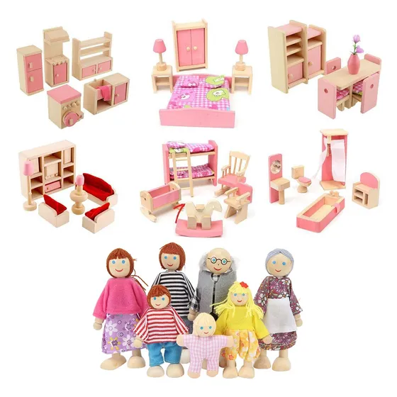 Combo Familia + 6 Salas Del Hogar En Madera Juguete Casita