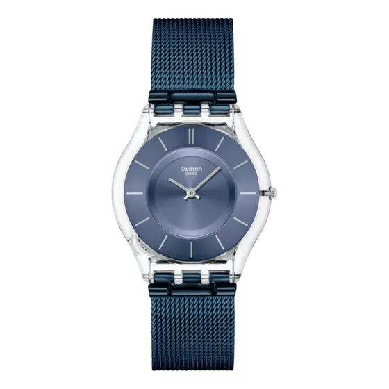 Reloj Swatch Essentials Ss08k120m Cool Skies Malla Azul Acero Bisel Transparente Fondo Azul Acero