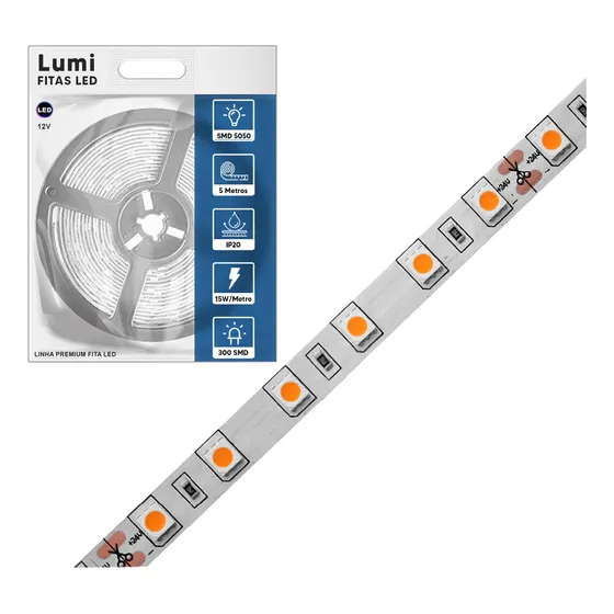 Fita Led 5050 Alto Brilho Ip20 12v 5m 60led/m Bq 3500k