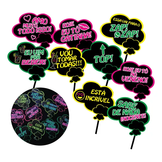 Plaquinha Divertida Neon Para Festas - Kit 10 Unidades