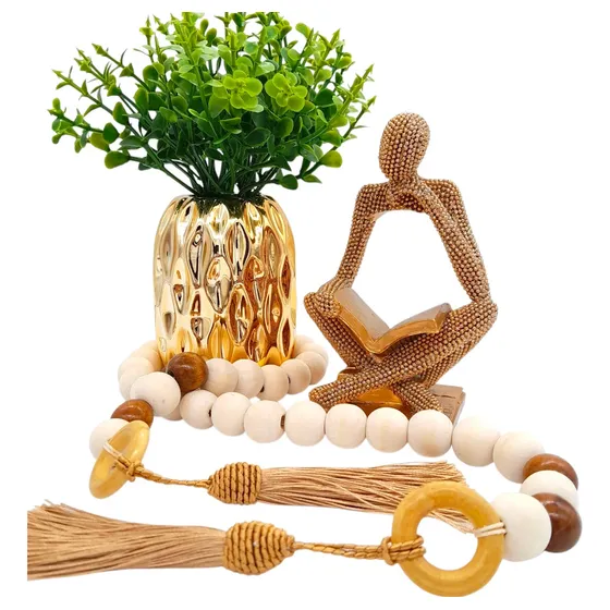 Conjunto Colar Decorativo De Mesa Em Madeira Enfeite E Vaso