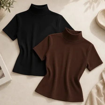 Kit 2 Blusas Feminina Gola Alta Ribana Canelado Casual Preto/marrom Lisa Único: 36 A 42