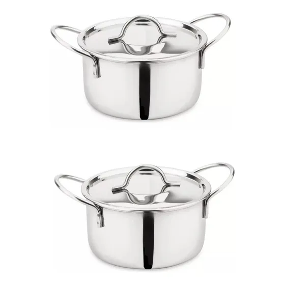 2 Mini Panela Caçarola Em Inox Pequena Tampa E Alça Servir