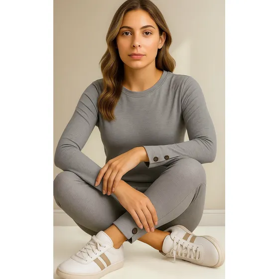 Conjunto Feminino Confortável Calça Com Bolsos Blusa Botões