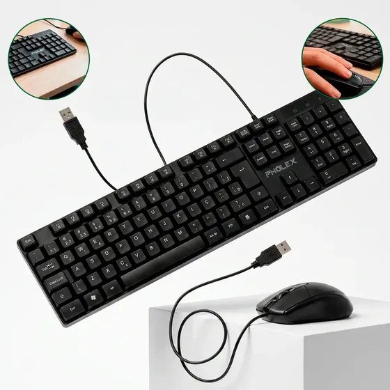 Kit Teclado E Mouse Óptico Usb Com Fio Abnt2 Pc E Notebook Pholex