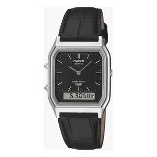 Reloj Casio Vintage Unisex Aq 230el 1a Piel Negro Hora Doble Negro Plateado
