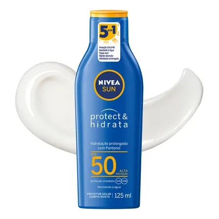 NIVEA SUN Protetor Solar Protect & Hidrata FPS 50 125ml, Alta Proteção UVA/UVB, Hidratação Prolongada, Rápida Absorção, Pantenol, Cuidado Solar Corporal e Facial