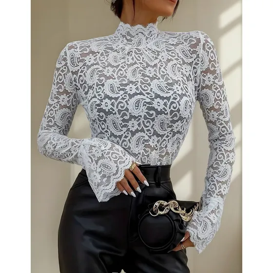 Camiseta Sexy De Encaje Con Mangas Acampanadas Para Mujer