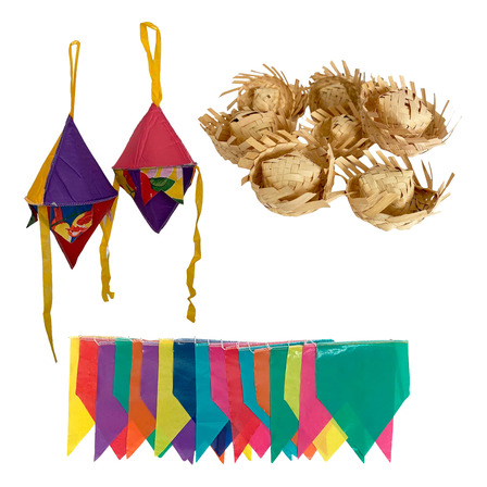 Kit Mini Festa Junina Bandeirinhas Balões Mini Chapéu Palha Kit Mini Festa Junina Bandeirinhas Balões Mini Chapéu Palha