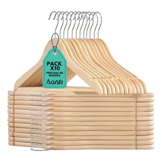 Perchas Hants Madera Lustrada para todo tipo de prendas pack  de 10 unidades color natural