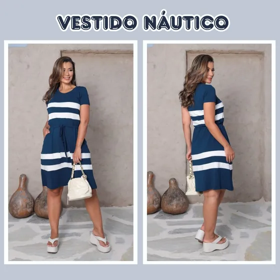 Vestido Náutico Curto Feminino Com Bolso Cordão Ajustável