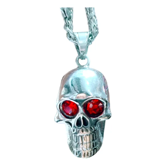 Pingente Caveira Aço Olhos Vermelhos Motoqueiro Cobra Inox