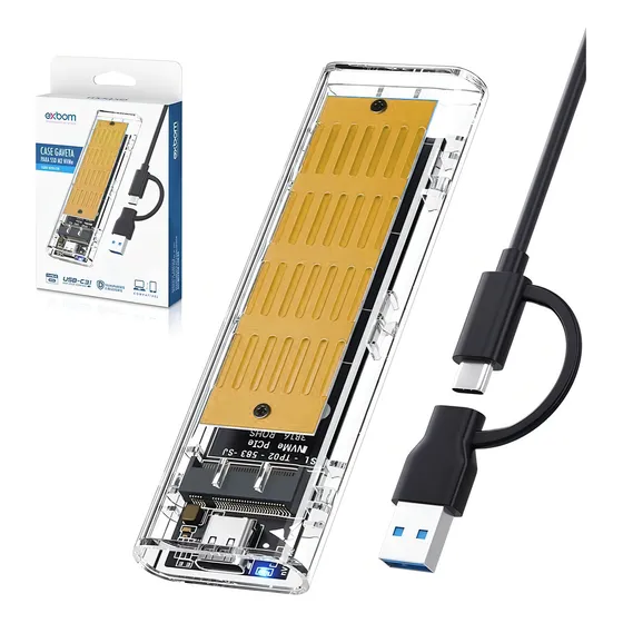 Case Mini Para Ssd M.2 Nvme Pcie E Sata Ngff Usb 3.0 E Usb-c Cor Transparente