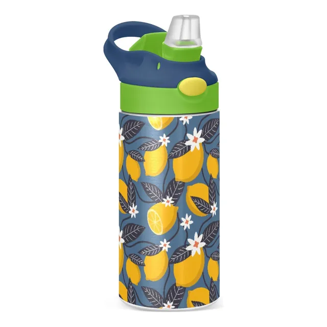 Botella Agua Para Niño Diseño Flor Limon Azul Tapa Paja Vaso