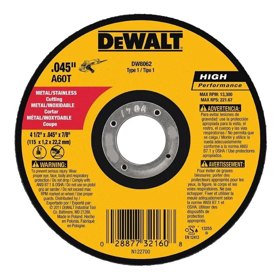 Disco Pulidora De Corte Metal 4-1/2  Corte Fino Dewalt 1/16