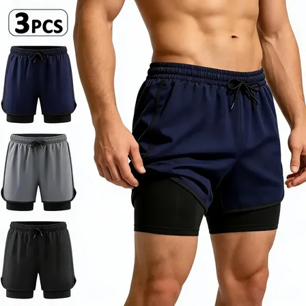 3pcs Gimnasio Short Con Licra Deportiva 2 En 1 Hombre Correr