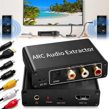 Extrator De Áudio Hdmi Arc Adaptador Para P2 3,5 Mm E Óptico Spdif Conversor Dac Com Saídas Coaxial E Rca Para Tv Home Theater Soundbar E Fone Preto 5v