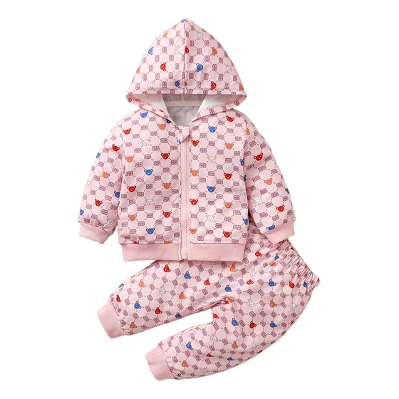 2pcs Conjunto Chaqueta Con Capucha Estampado Osito Para Niña Rosa 18-24 M