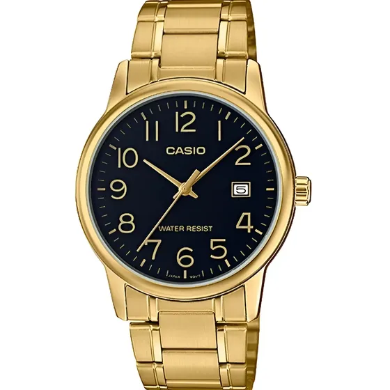Reloj Casio Mtpv002 G1b Hombre Dorado Negro Fechador Full Correa MTP-V002G-1B
